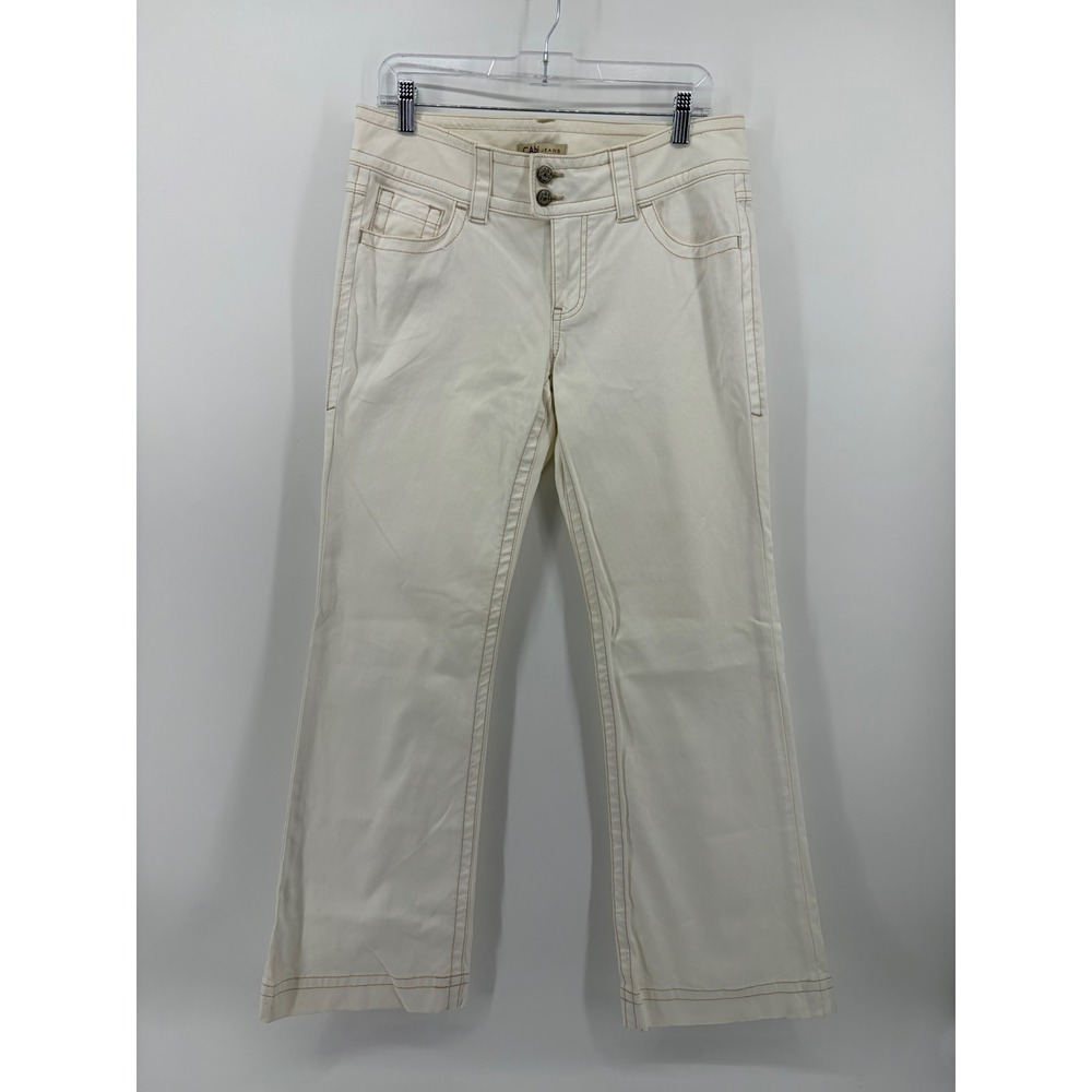 Cabi Jeans Womens 8 Cream Flare Pants Contrast Stitch Flap Pocket Mid Rise